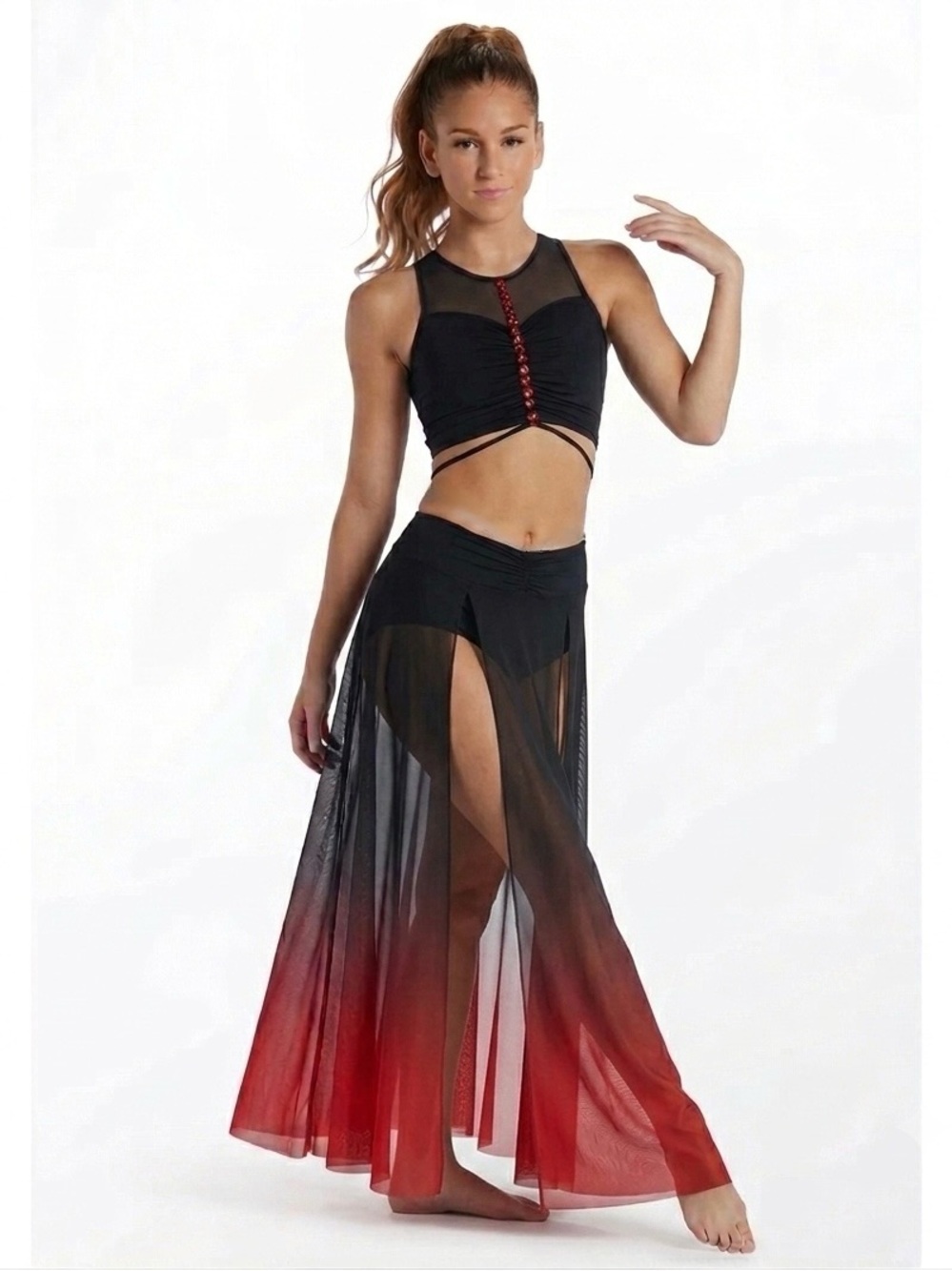 Weissman | Two Piece Black to Red Ombre Sheer Maxi Skirt Pinched Crop Top, LC
